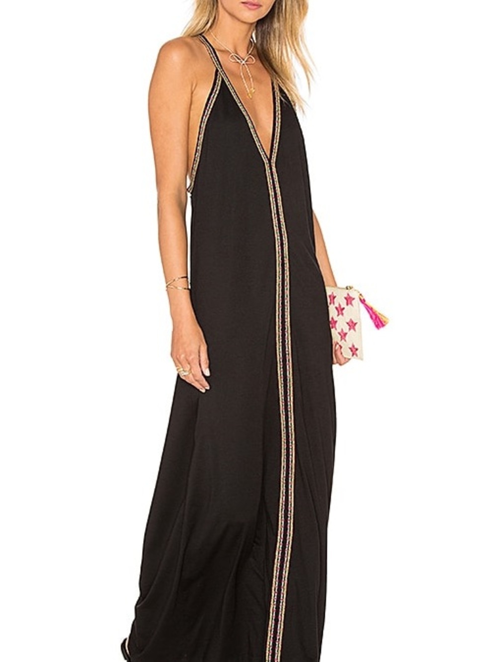 Pitusa Black Maxi Swimwear Cover Up Dress with Multicolored Trim